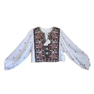 FREE PEOPLE Women S Loveland Blouse Embroidered Boho Peasant Balloon Sleeve 40"